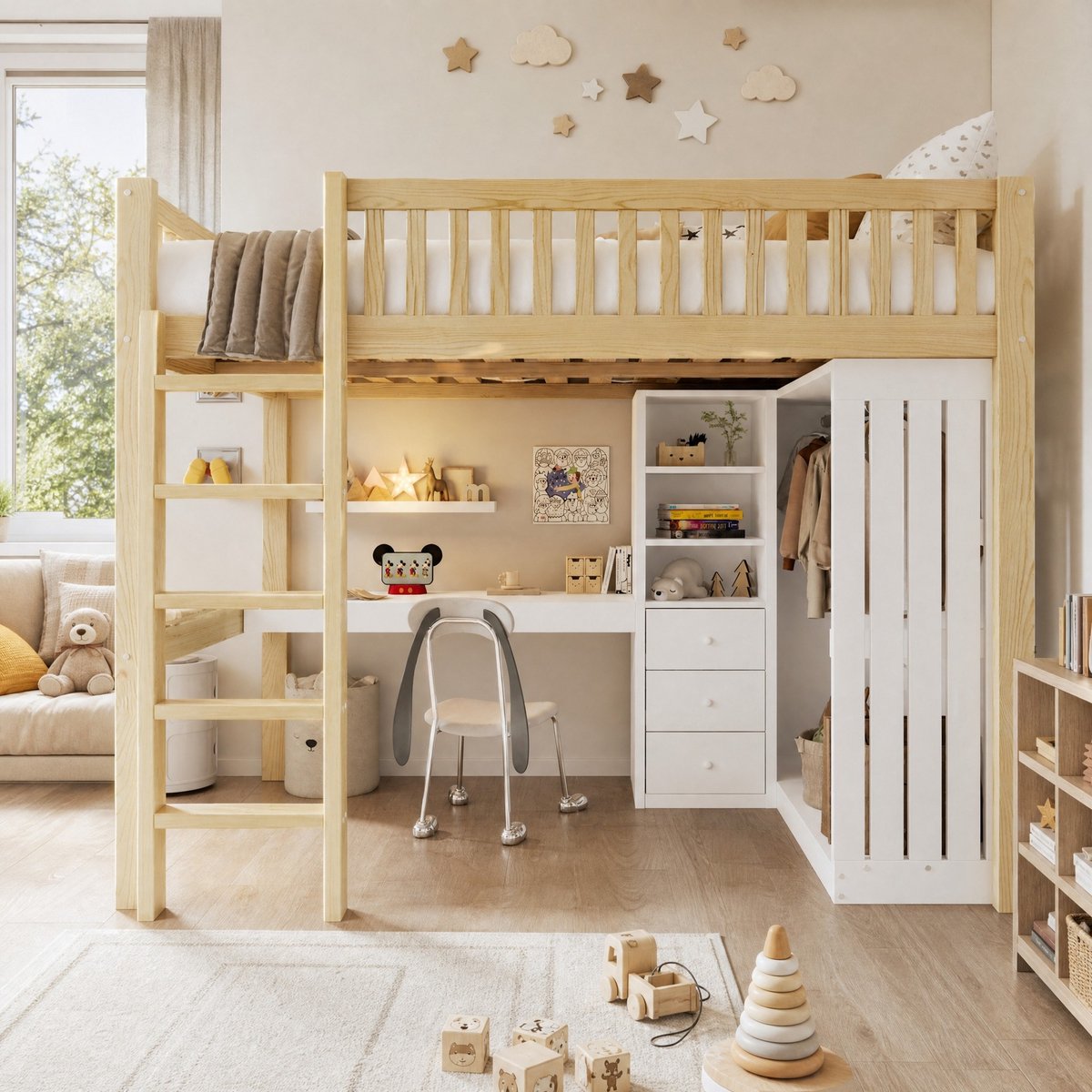 WUVRIE Hoogslaper 140x200 cm met bureau, kledingkast, 3 lades, open opbergruimte, trap en uitvalbeveiliging Naturel