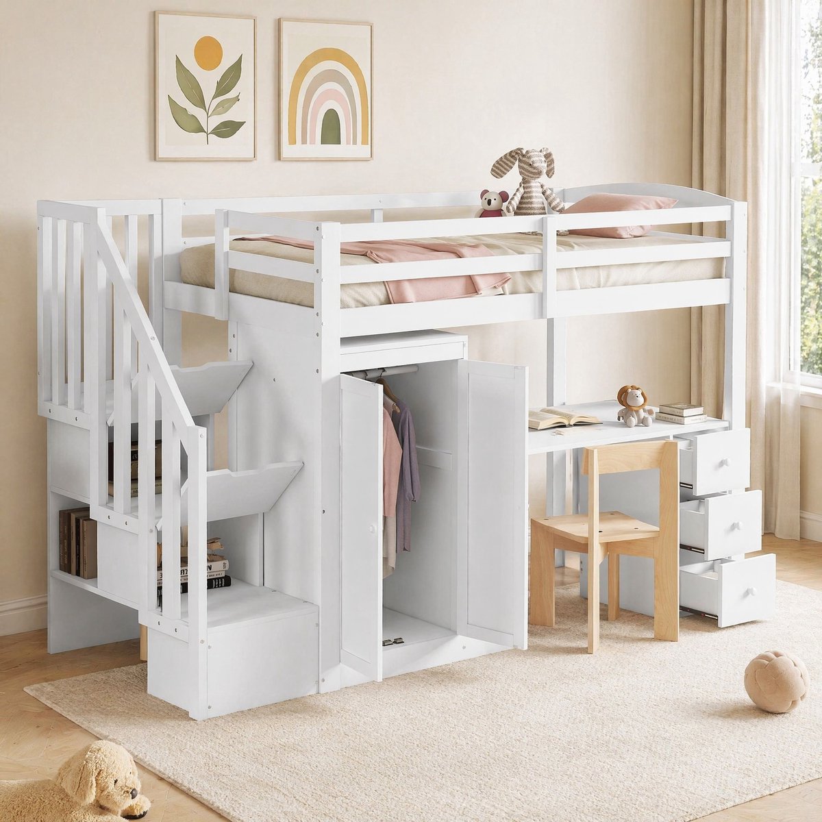 WUVRIE Hoogslaper 90 x 200 cm met bureau, kledingkast, 3 lades, opbergtrap en lattenbodem, wit
