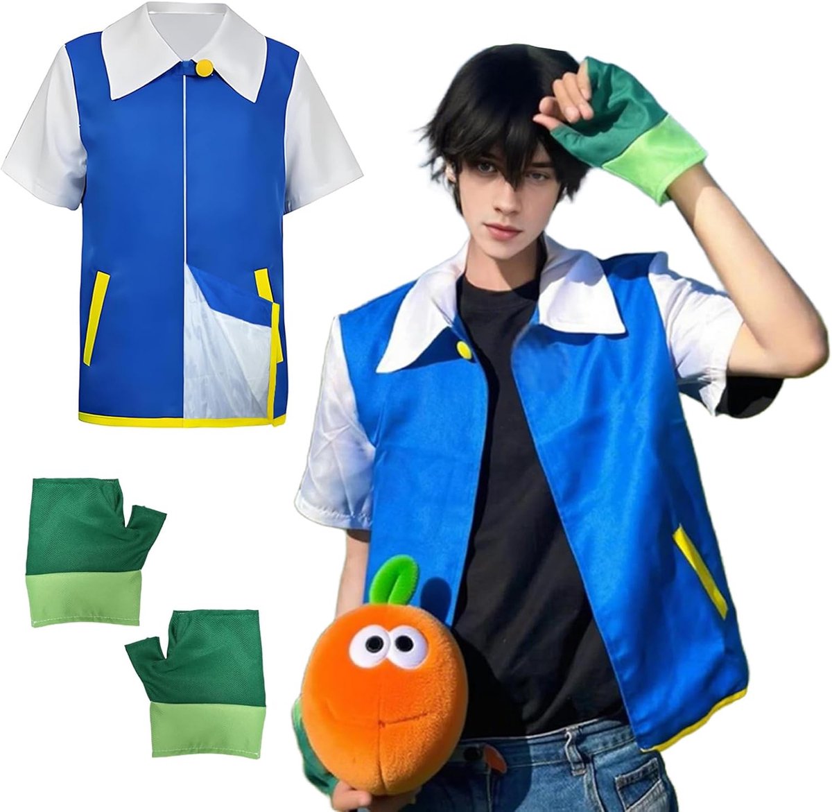 klassiek cosplay, anime, blauwe korte mouwen, handschoenenset, kinderheldenkostuum voor carnaval, Halloween, themafeesten, podiumoptredens, dagelijkse kleding