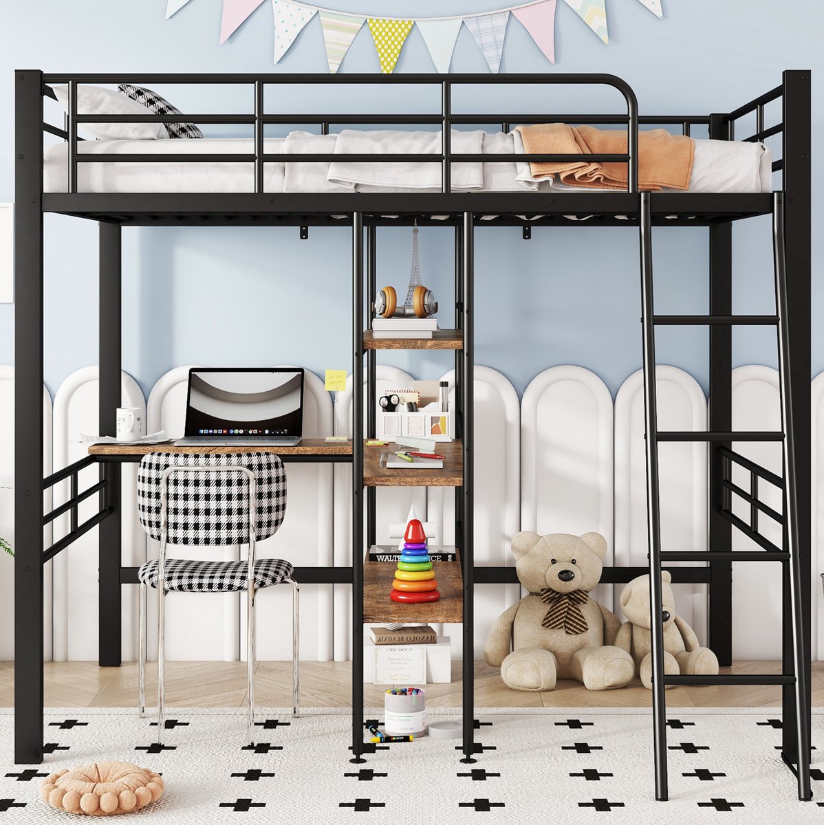 WUVRIE Hoogslaper 90x200 cm met bureau, legplanken, ladder en uitvalbeveiliging, zwart