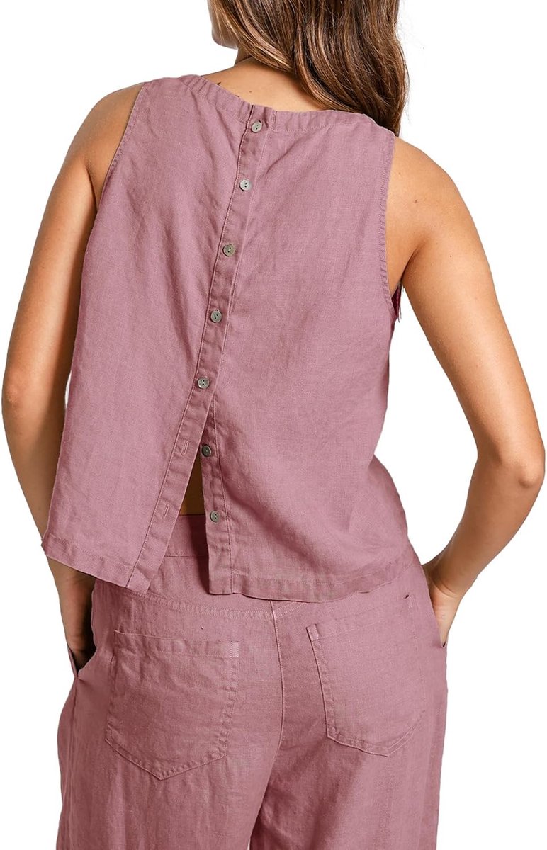 Tanktop voor dames, linnen zomertops, korte mouwloze tanktop, ronde hals, tanktops, blouseshirt, zomertops, losse linnen blouse, T-shirt, knopen, rug, vrije tijd