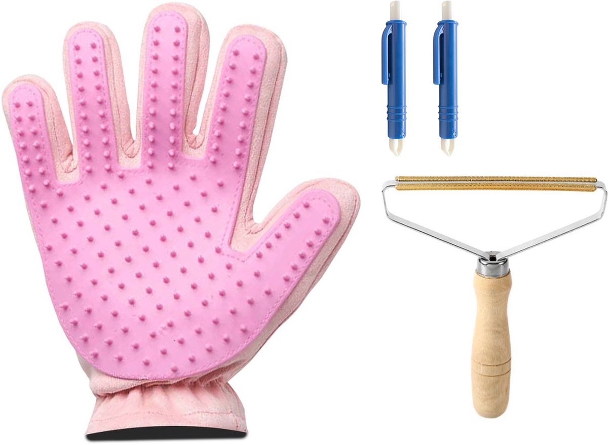 Professor Q Vachtverzorgingsset - Handschoen Lichtroze - 2 Blauwe Tekenpincetten - Pluizenverwijderaar