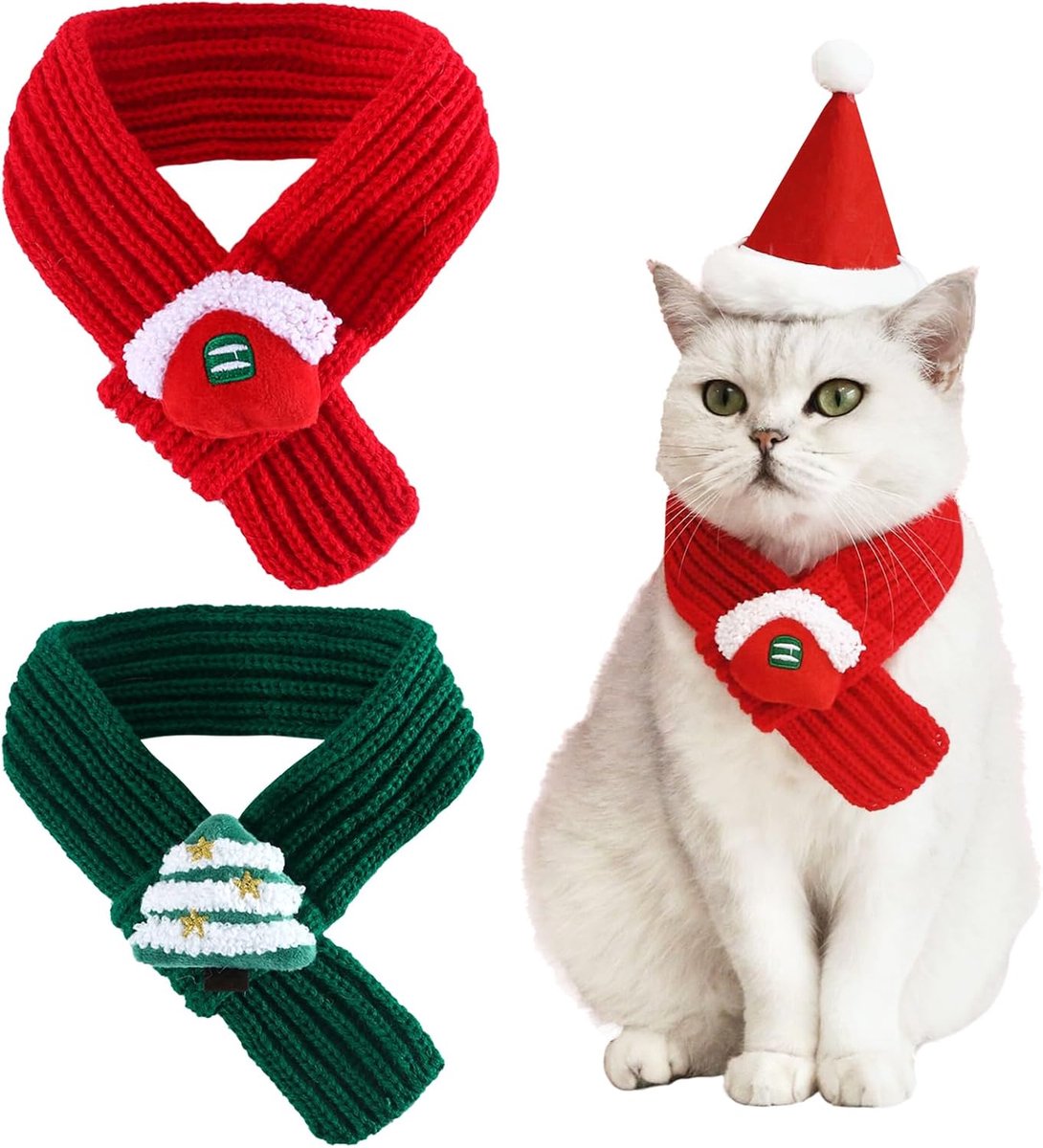 2 stuks Kerst Huisdier Sjaal Gebreide Huisdier Kraag Winter Kat Halswarmer Solid Pet Sjaal Puppy Kat Kostuum Accessoires Mini Gebreide Sjaal voor Kleine tot Middelgrote Huisdieren (Effen - Pluche,