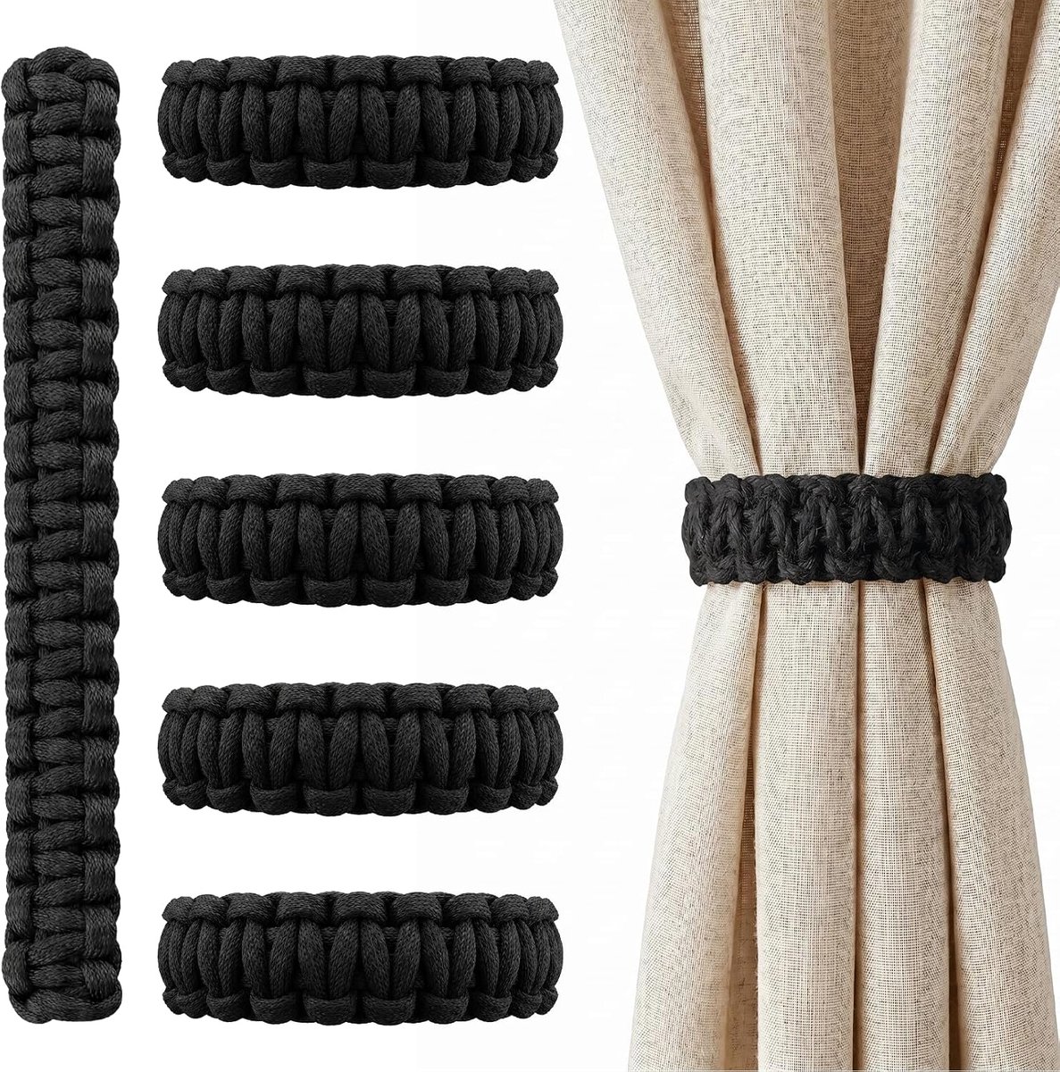 6 stuks gordijnhouders, zwart, gordijnhouders voor gordijnen, boho gevlochten gordijnhouder zonder boren, gordijnhouder voor thuis, buiten, slaapkamer, kantoor