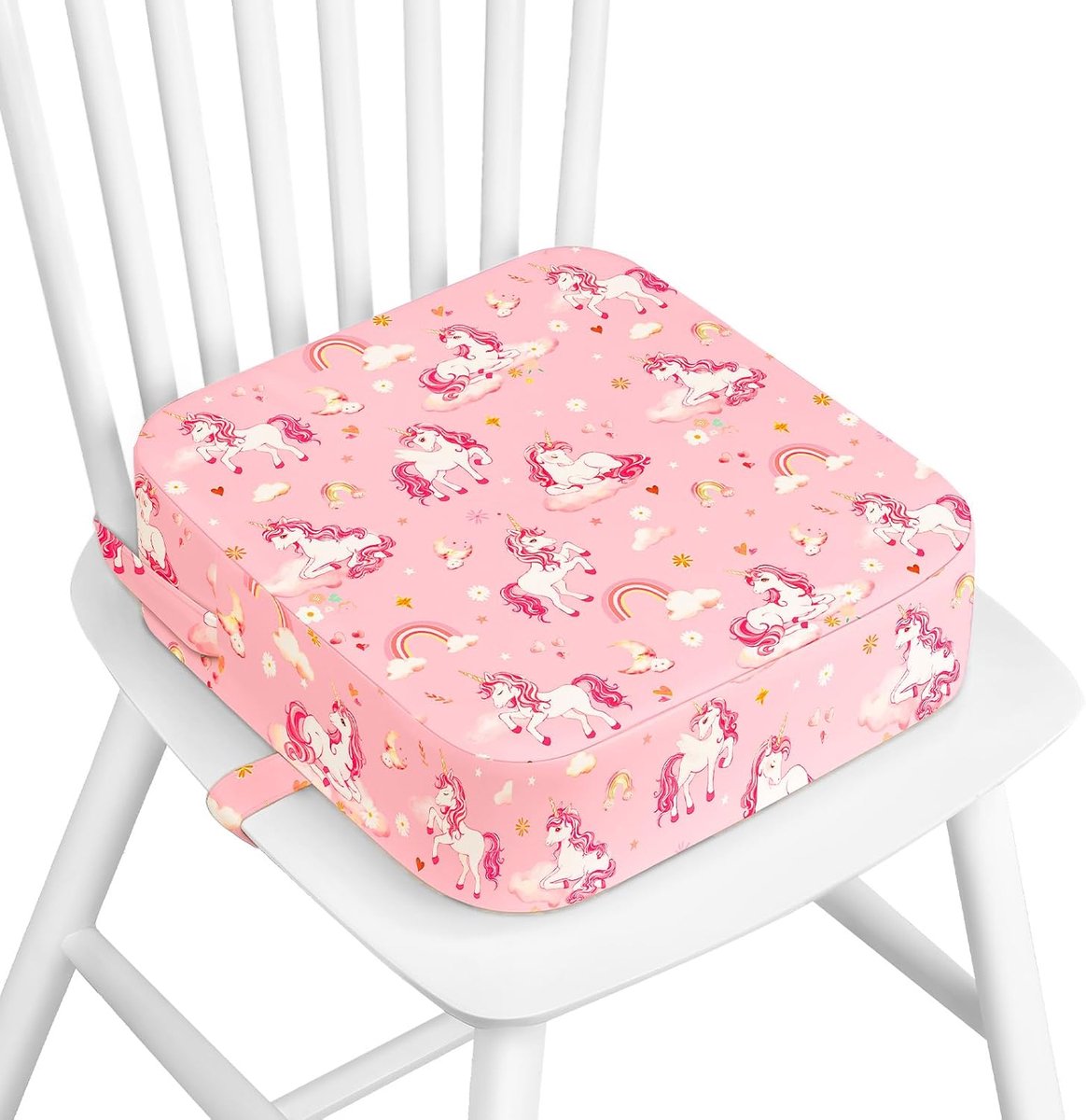 Boosterstoel voor eettafel, 4 inch kinderverhoger voor keukenstoel met antislip onderkant, draagbaar afneembaar reiskussen met 2 verstelbare riemen (roze eenhoorn)