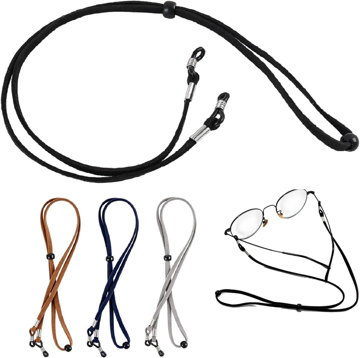 4 brillenkoorden van kunstleer, verstelbaar tot 67 cm, universeel, geschikt voor brillen en zonnebrillen, met antislip ring, zwart, lichtbruin, donkerblauw, grijs
