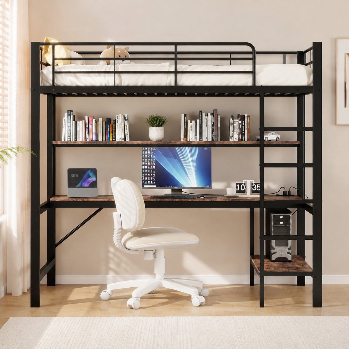 WUVRIE Hoogslaper 90x200 cm met bureau, opbergrek, LED, USB en stopcontact, zwart