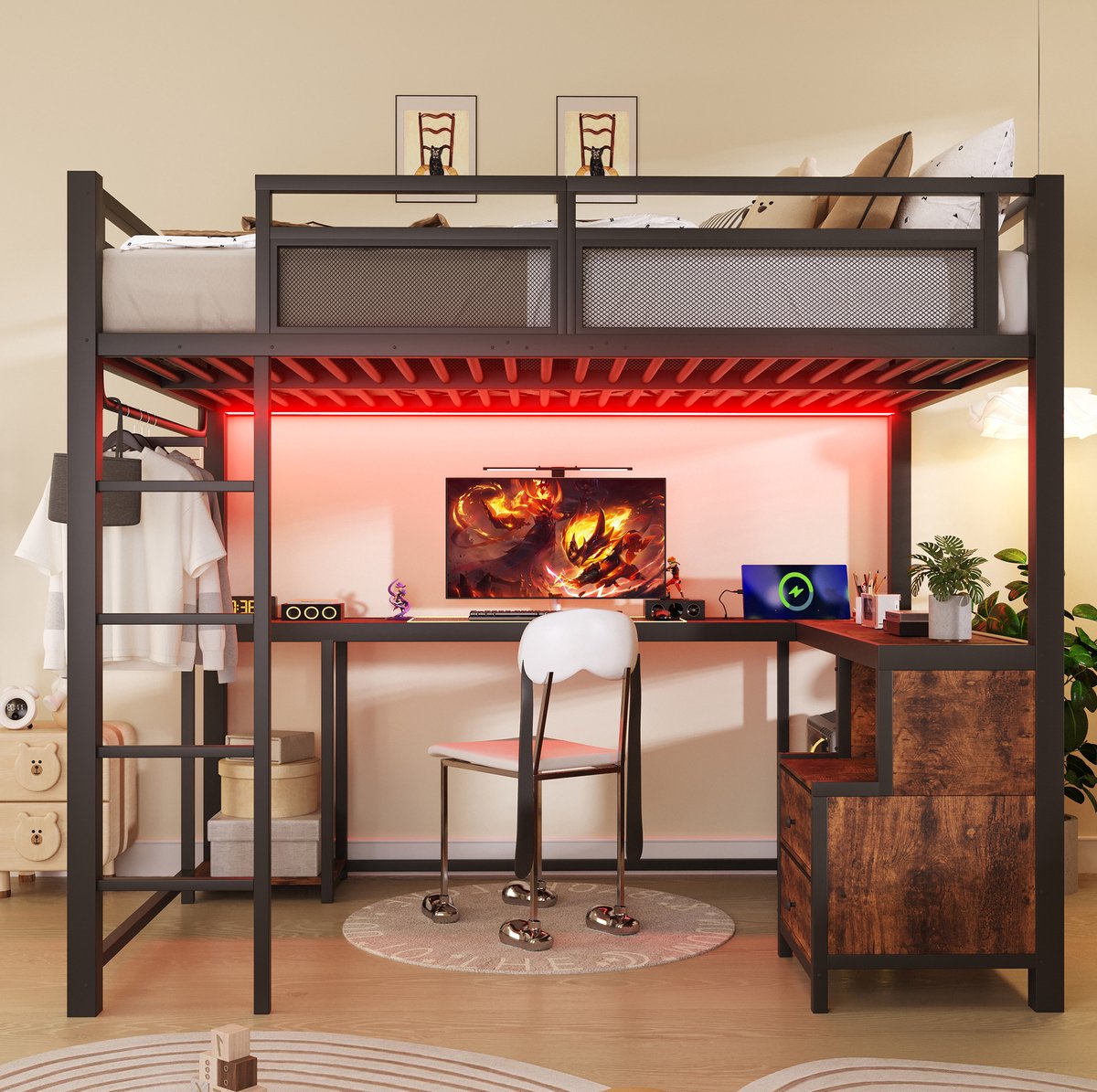 WUVRIE Hoogslaper 140x200 cm met bureau, opbergrekken, LED-verlichting en USB-laadstation, zwart