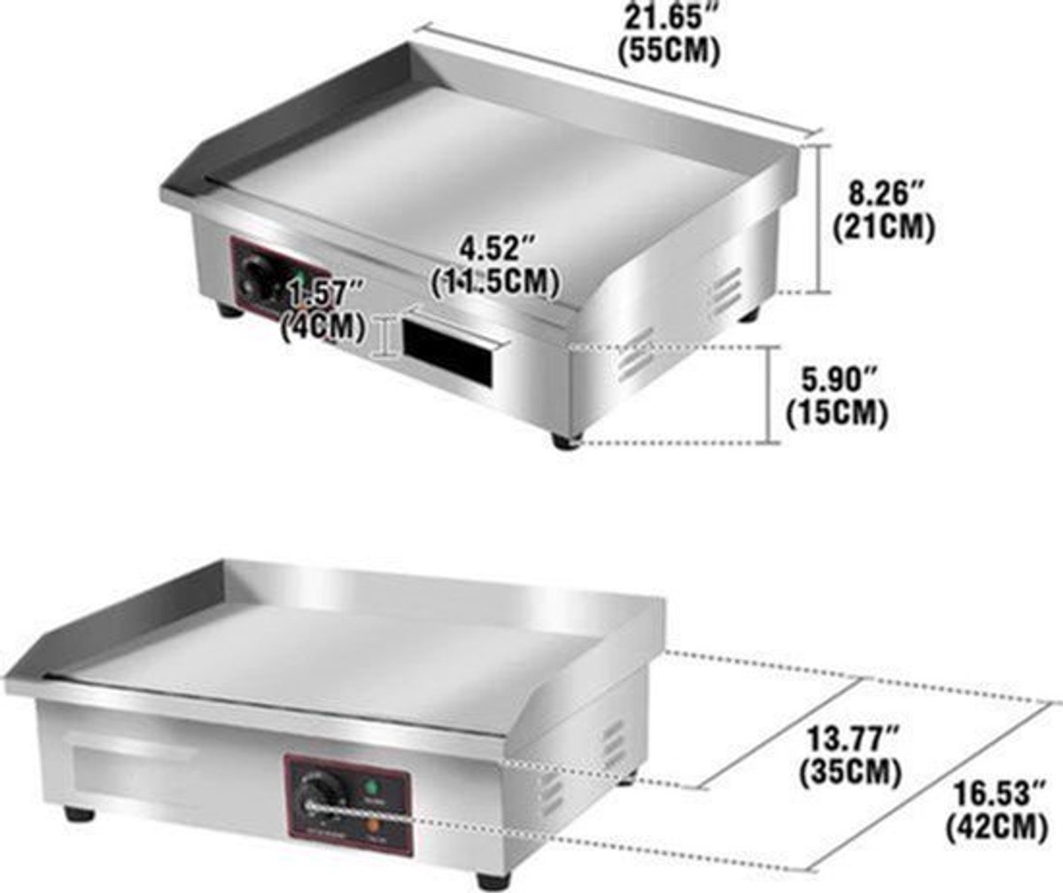 Elektrische Grillplaat - Grillplaat - Teppanyaki Grill - voor Horeca - Thuisgebruik - Ruim Bakoppervlak - 3000W - 220-240 V / 50 Hz - 30-300°C - RVS - 55 x 43 x 15 cm - Zilver