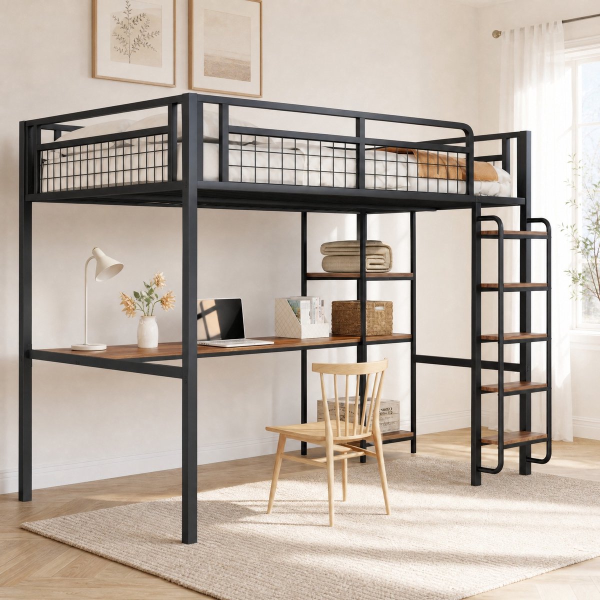 WUVRIE Hoogslaper 140x200 cm met bureau, legplanken, veiligheidsladder en metalen hekwerk, zwart