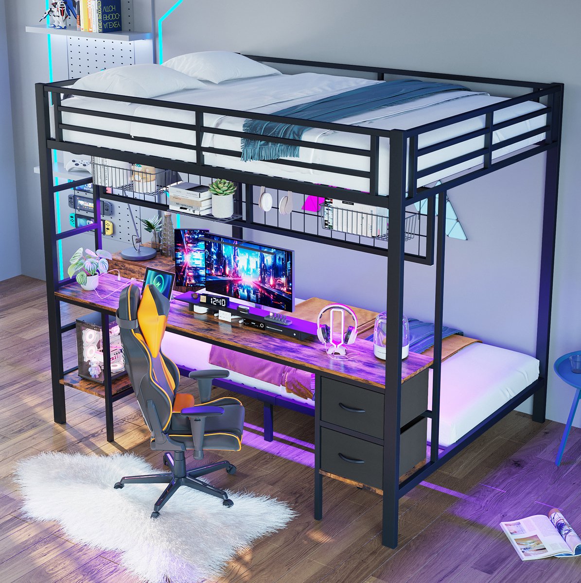 WUVRIE Hoogslaper 140x200 cm met bureau, lades, LED-verlichting en USB-aansluiting, zwart