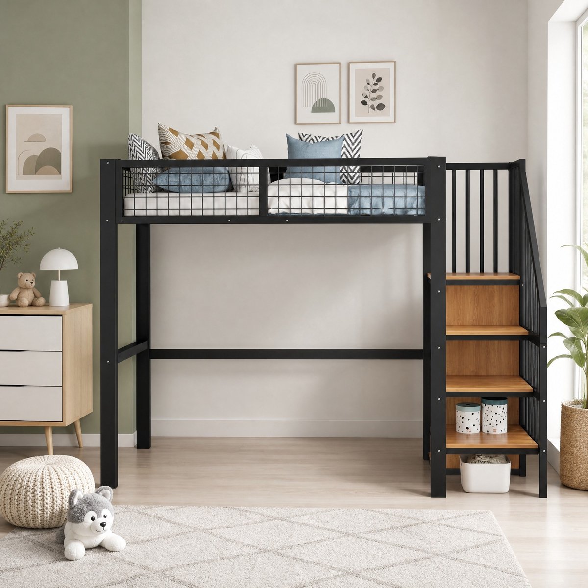 WUVRIE Hoogslaper 90x200 cm met ladder, kledingkast en veiligheidshek, kinderbed van MDF en metaal, zwart