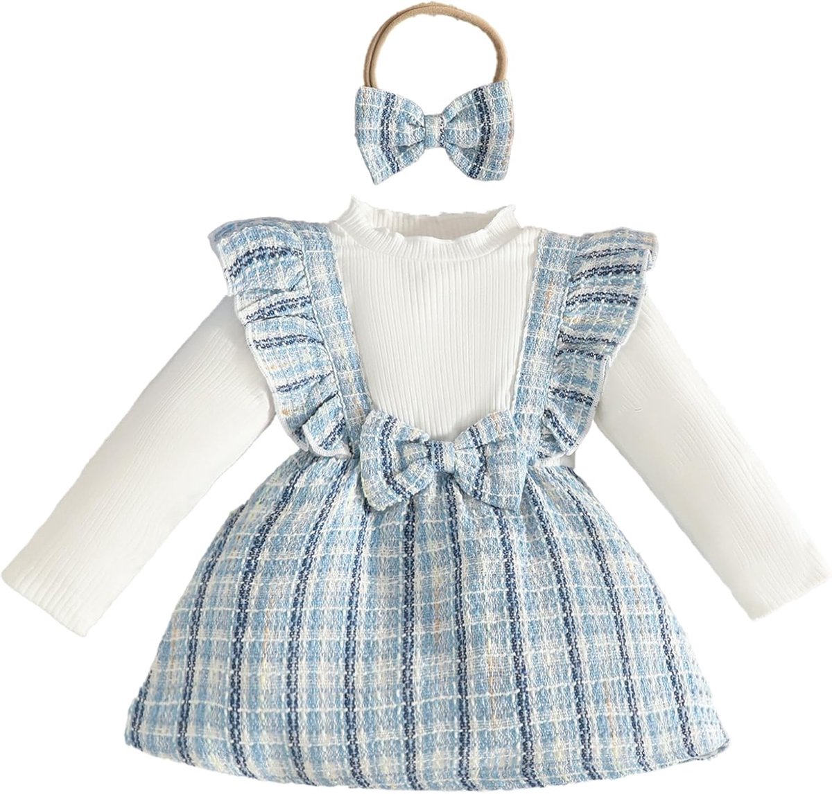 Kledingset voor babymeisjes, met lange mouwen, romper, jurk, geruit, outfit