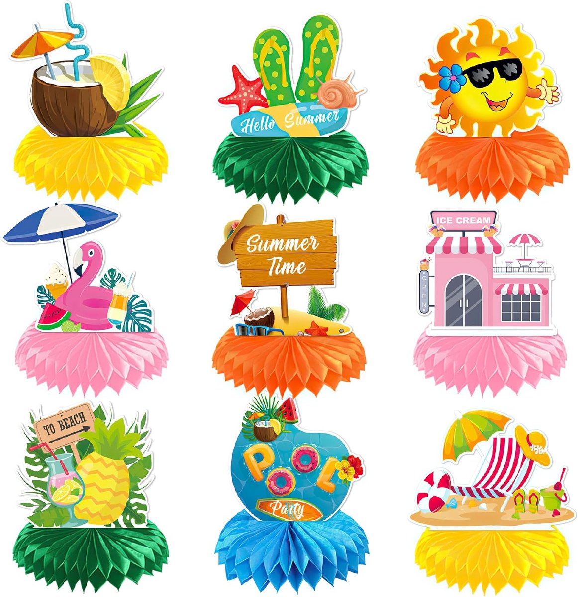 9 stuks Hawaï-tafeldecoratie, honingraat, Tiki tafeldecoratie, honingraat middenstuk voor Aloha, zomer, strand, Hawaïaanse party, verjaardag