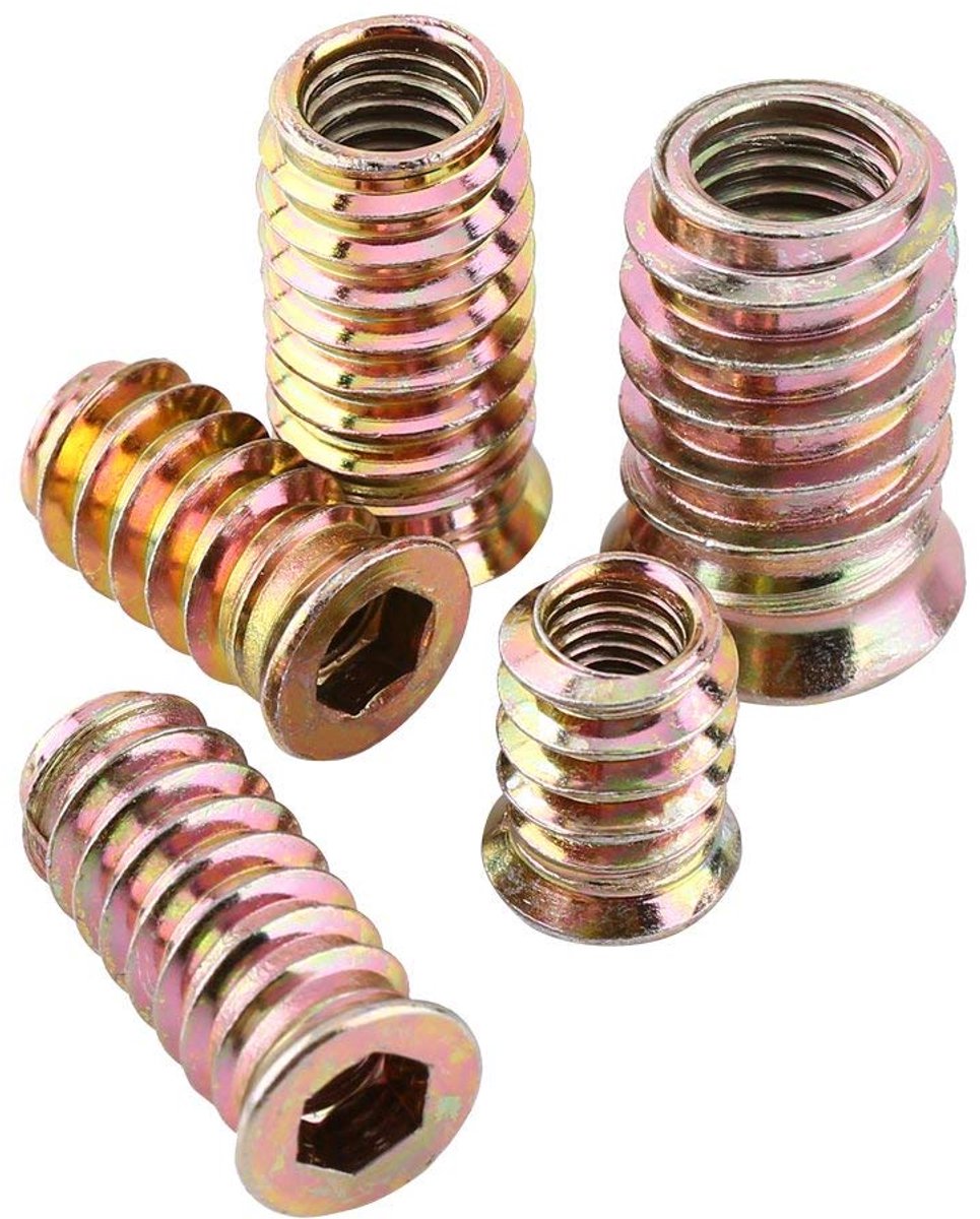 Pakket van 20 stuks M6/M8/M10 zinklegering, zeskant moeren, verschillende houten inzetstukken.