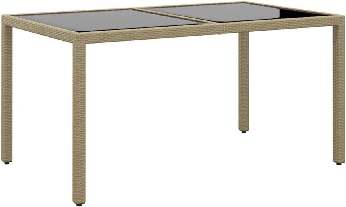 Tuinmeubelen, tuintafel, terrastafel, tuintafel, 150 x 90 x 75 cm, gehard glas en polyrotan, beige, voor gazon, tuin, terras