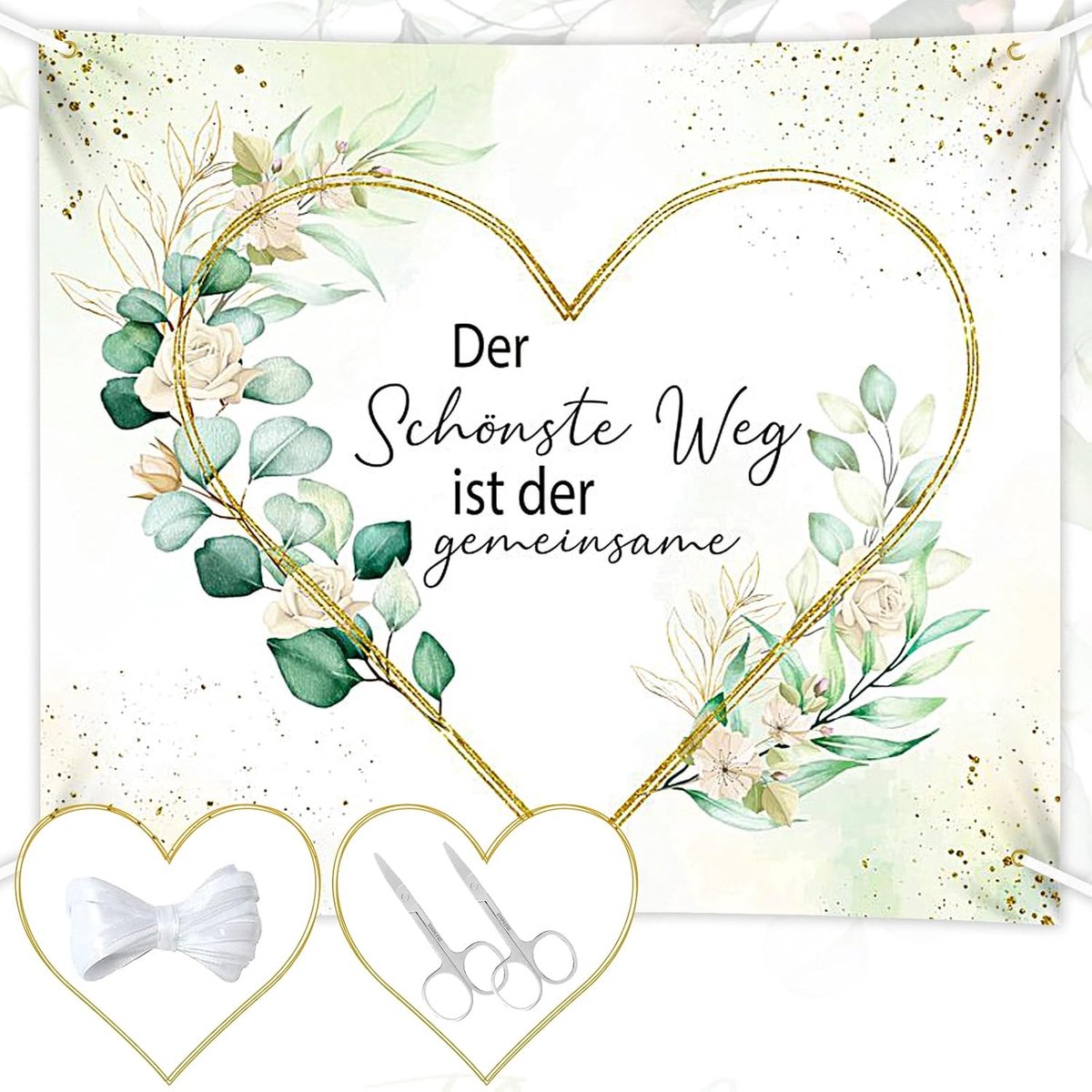 Bruiloftslaken om op te snijden, 200 x 180 cm, hart om uit te knippen, bruiloft, met 2 schaar en touw, bedlaken, perfect voor bruiloftsdecoraties, liefdesbannerkit, standesamtdecoratie