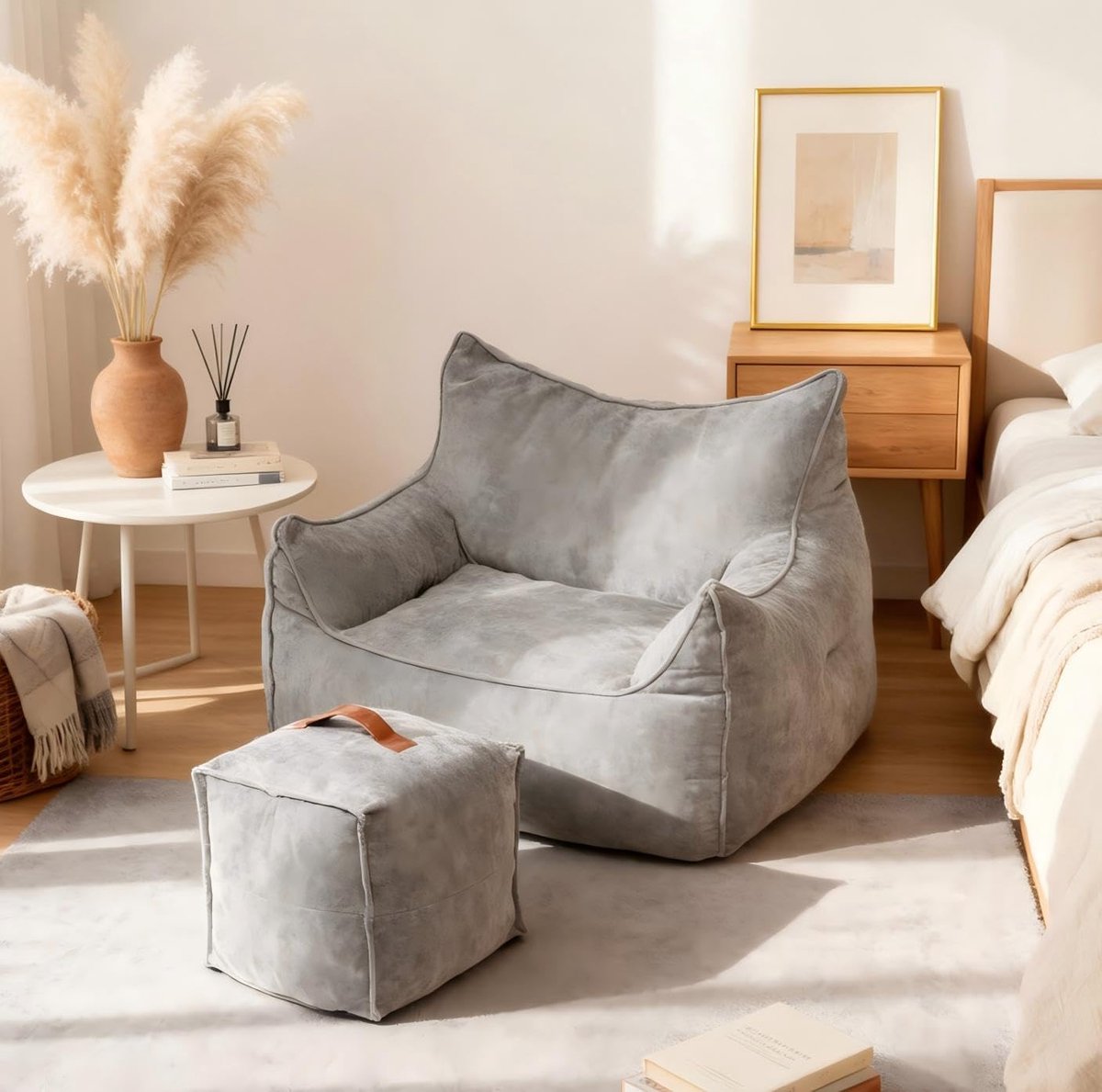Zitzak, bank met kruk, vloerbank met rugleuning, bank, vloerstoel, leesstoel, comfortabel, XXL, volwassenen, grote luie bank, beanbag, stoel, relaxstoel, slaapkamer, woonkamer, wolkenfluweel