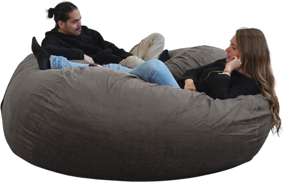 Zitzak van micro-suède, grijs, XXL, 180 cm diameter, met gehakt schuim, zeer comfortabel, grote bank, dubbele hoezen, peren, kussens, matras