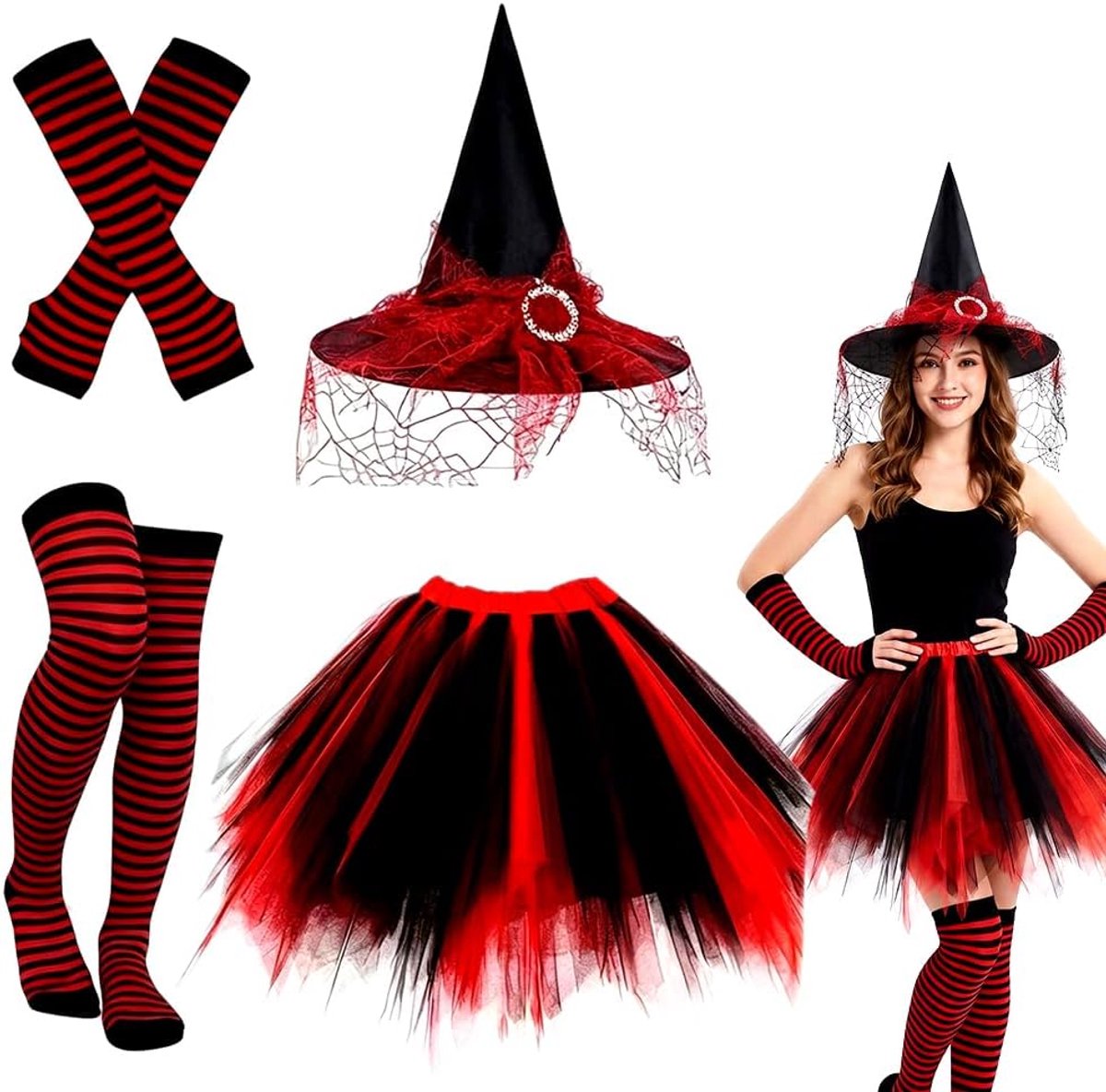 Accessoires voor Dames Inclusief Tule Rok, Heksenhoed, Handschoenen en Sokken Perfect voor Carnaval Halloween Cosplay
