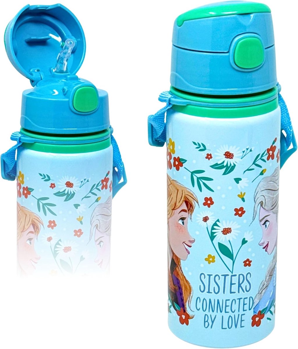 Drinkfles voor meisjes 600 ml (3-10 jaar) voor Die Eiskönigin Frozen fan – Lekvrije waterfles met rietje, draagriem & naamplaatje – Voor kleuterschool & school