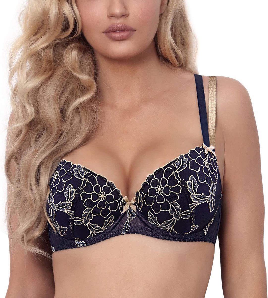 Prachtige geborduurde push-up beha satijnen schouderbanden V-9421, Donkerblauw, 85D