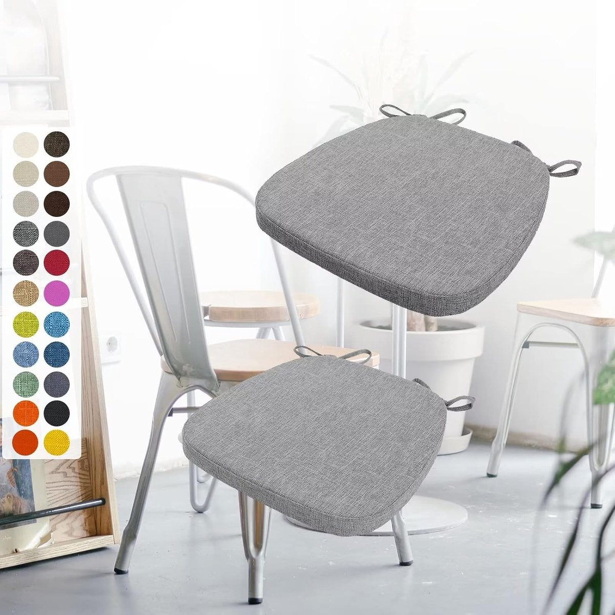 Set van 2 stoelkussens, 40 x 38 x 5 cm, met banden, wasbaar zitkussen, antislip, afneembare overtrek met ritssluiting, ideaal voor thuis, kantoor, keuken, eetkamer, donkergrijs