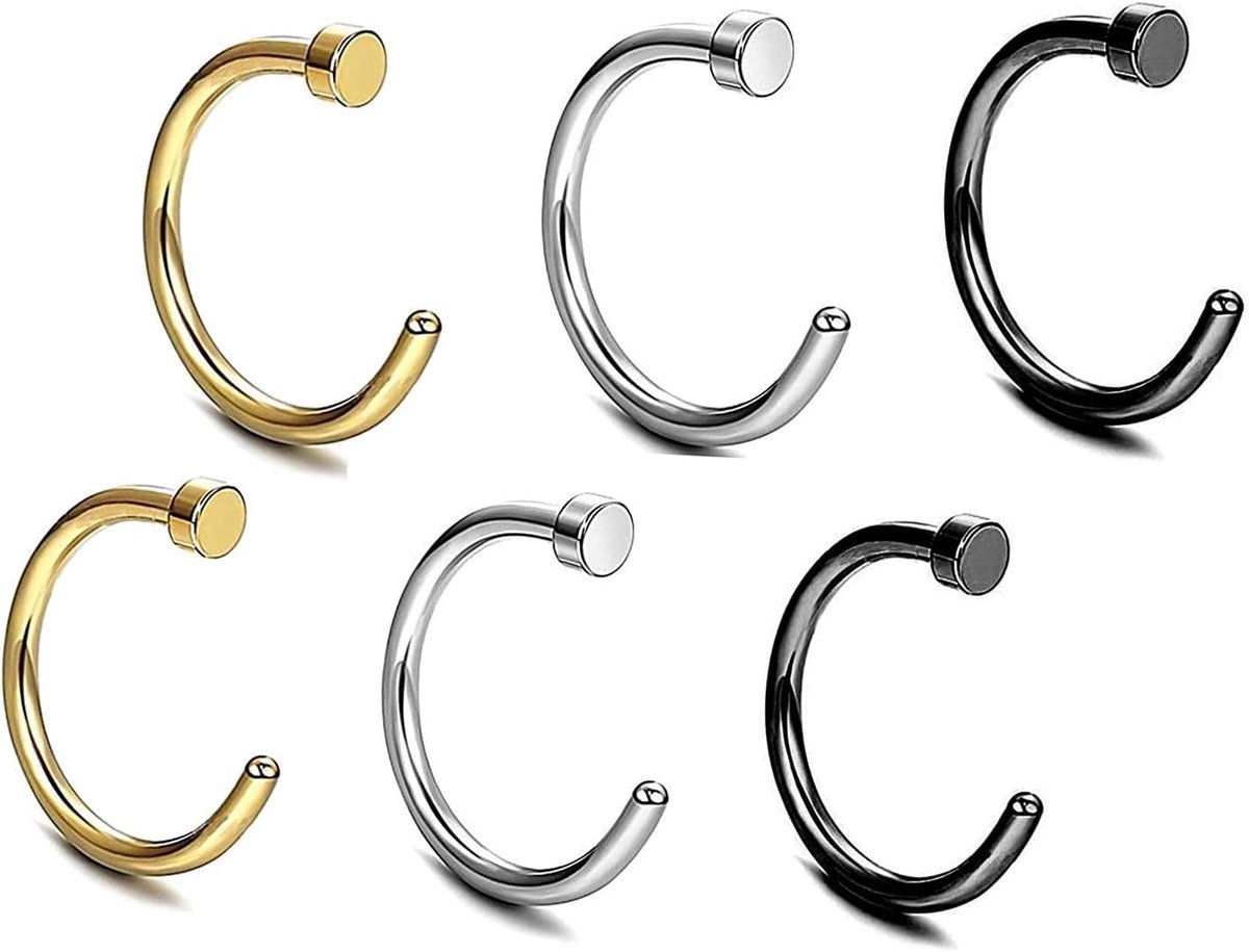 6 stuks neuspiercing, nep-neus, lipring, set, 8 mm/10 mm, chirurgisch staal, piercing, neussieraden, piercing, septum, oor, helix, tragus voor neus, lip, borst, intieme scharnier, clicker ring