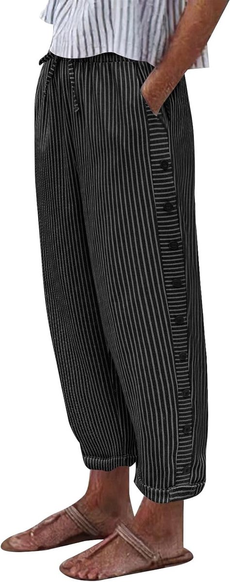 Zomerbroek voor dames met knoop aan de zijkant, elastische tailleband, katoenen broek voor dames, zomer, casual, met zakken en trekkoord, lichte palazzobroek voor op vakantie