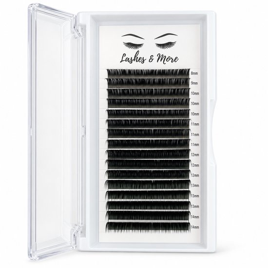 Wimperextensions in een doosje, met rijen van 8mm tot 14mm.