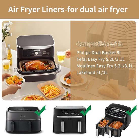 2/3,1 liter, 100 stuks bakpapier voor heteluchtfriteuse, bakpapier voor Tefal Easy Fry EY901810 EY905D 5,2/3,1L, accessoires heteluchtfriteuse voor Philips Airfryer Dual Basket 3000-serie — afbeelding 2