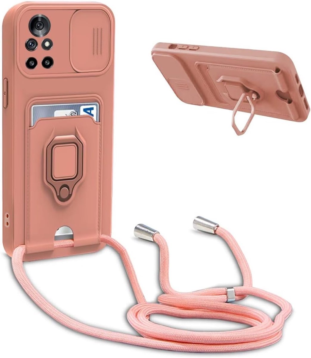 Compatibel met iPhone 15, schuifcamerabescherming, siliconen kettinghoes, draaibare standaard met kaartvak, verstelbare halsband mobiele telefoonhoes, Roze