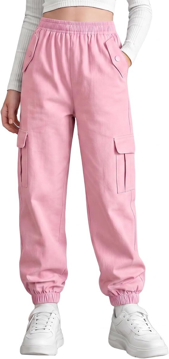 Cargobroek voor Meisjes Katoenen Kinder Joggingbroek Zachte Ademende Cargobroek met Elastische Tailleband en Zakken Streetwear Sportbroek Vrijetijdsbroek voor Lente en Herfst 6-13 Jaar