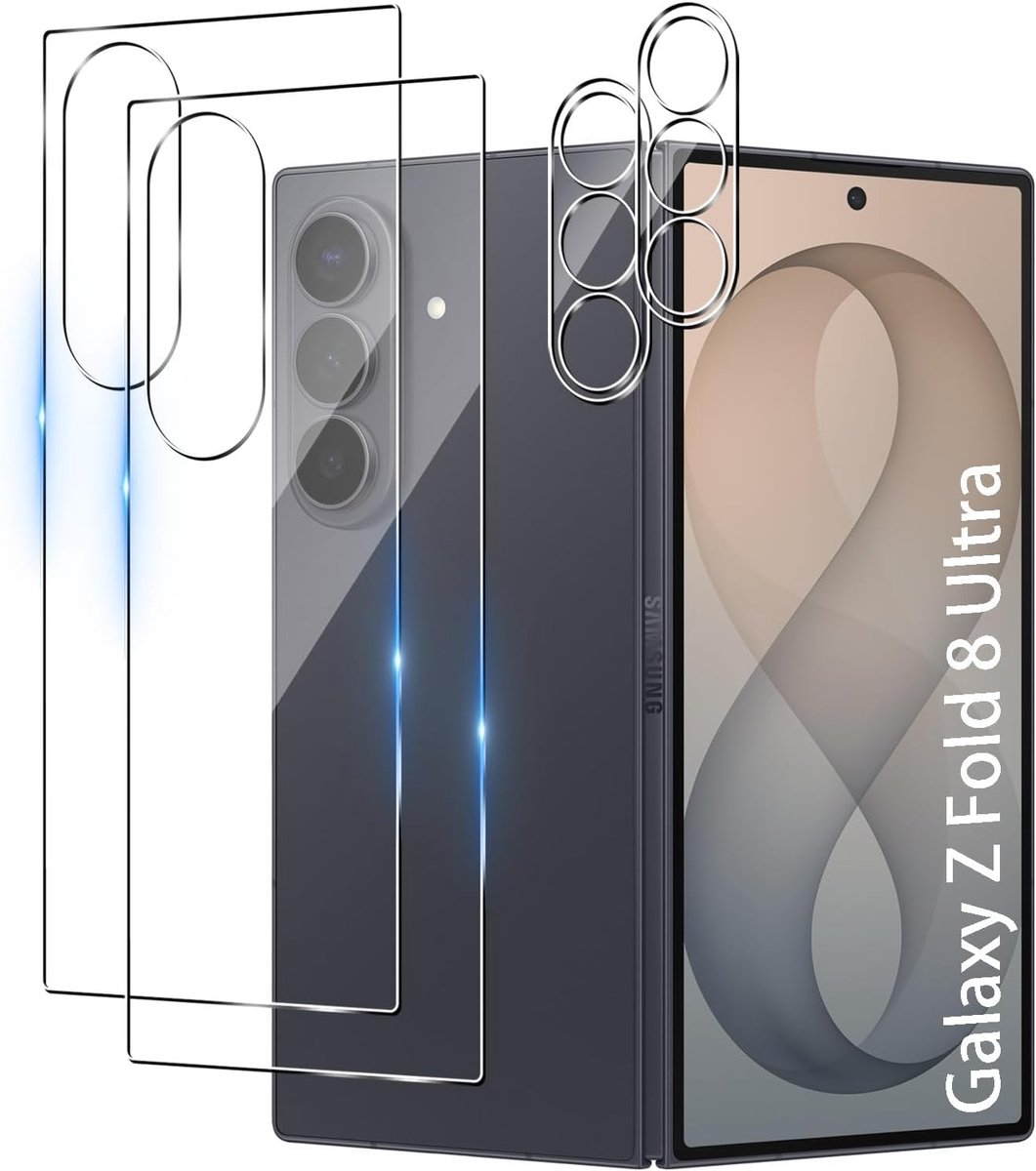 Achterkant van gehard glas voor Samsung Galaxy Z Fold 8 Ultra, 2 stuks displaybeschermfolies + 2 stuks achtercamera beschermfolie, krasbestendig, 9H HD ultra transparant, hardheid
