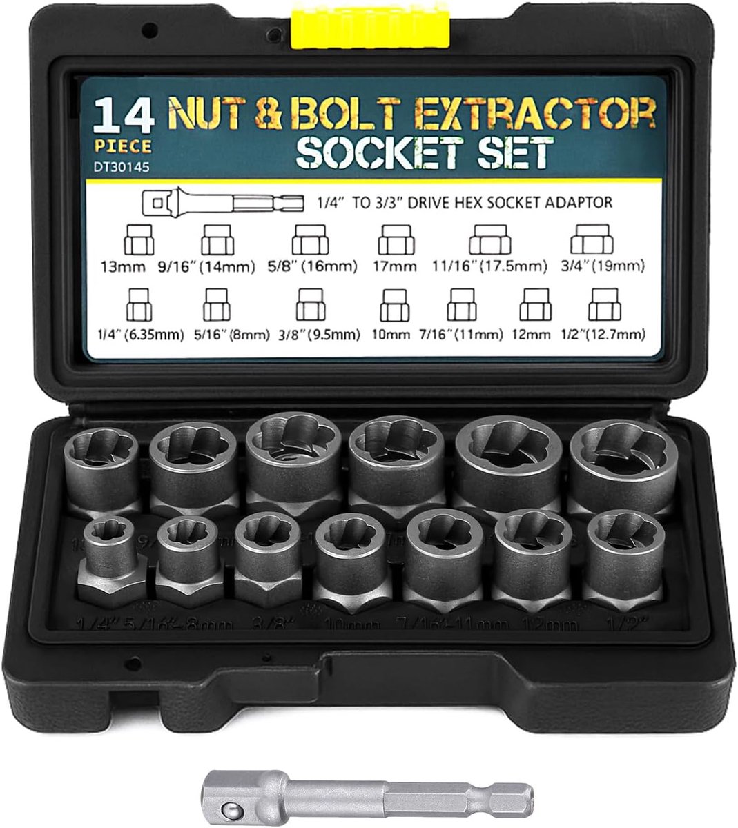 14-delige 3/8 inch schroevendraaierset met zeskantige adapter voor beschadigde moeren, 6,35-19 mm, links
