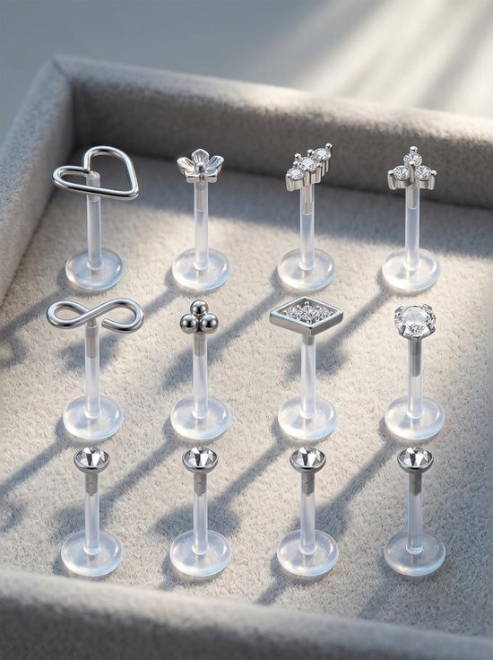 Bioflex Lippenstangen, labret, tragus, helix, kraakbeen, oorstekers, van flexibel kunststof, 16 g, 6/8/10 mm, 12 stuks — afbeelding 2