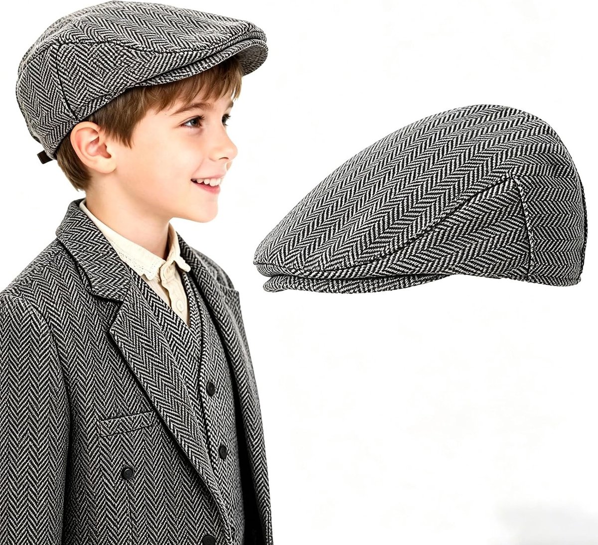 Pet voor kinderen, voor veteranendag, Victoriaans kostuum voor jongens, vintage tweed, krantenjongensmuts voor evacuatiekostuum in de jaren 40