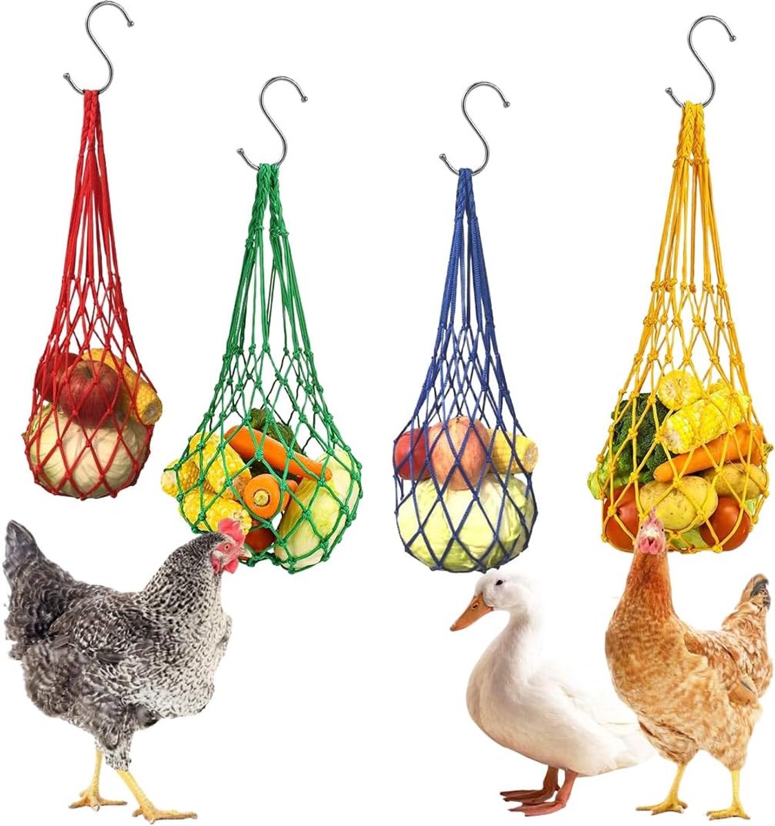 4 stuks kippenvoer voor kippen, legkippenvoer, netvoederstation met haken, vogelkooi voor snavelactiviteiten, voederdispenser, hangende tas voor kip, fruit, groenten, eend