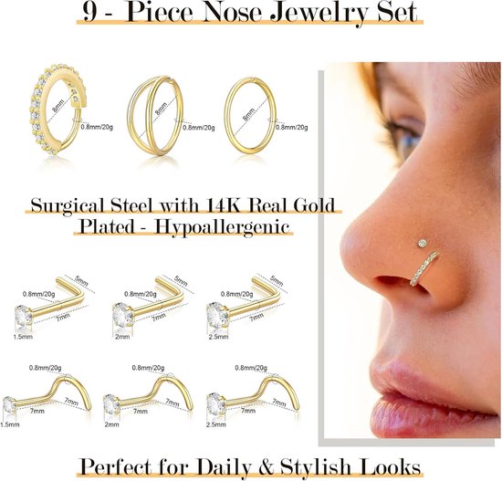 20G 9 stuks neuspiercings ring goud zilver neusring dunne neuspiercing plug set chirurgisch staal hypoallergeen neusstekers 1,5/2/2,5 mm zirkonia L-vormige schroef neusgat piercing voor dames en heren — afbeelding 4