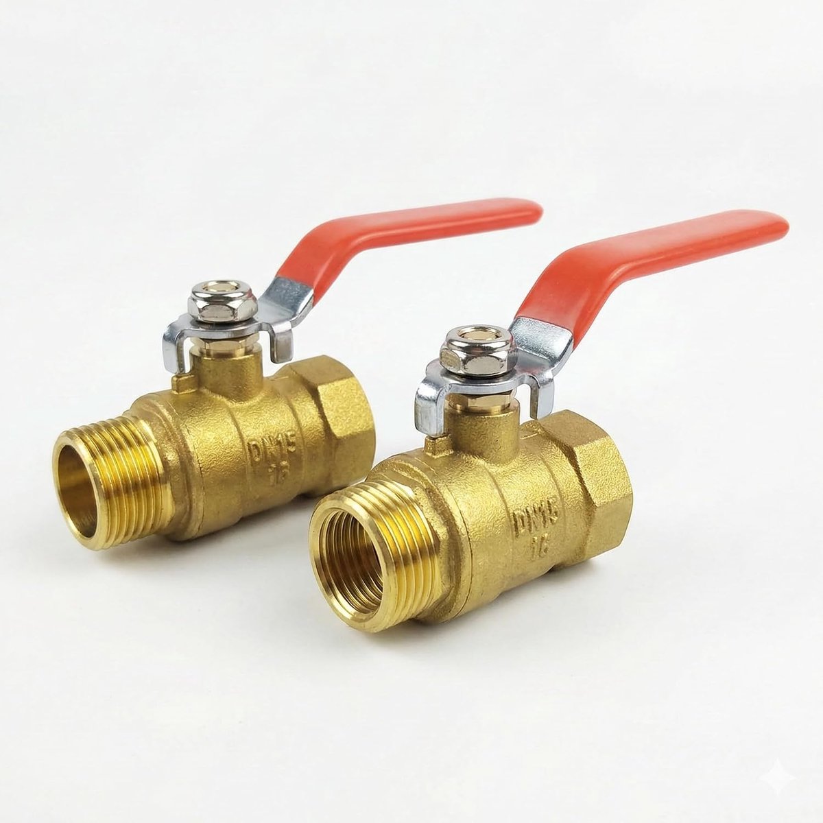 Set van 2 kogelkraan, 1/2 inch messing met lange hendelgreep, afsluitventiel DN15 PN16 (1,6 MPa), binnen- en buitendraad IG/AG, waterafsluitkraan tot 100 °C