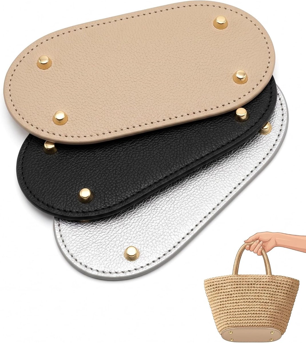 3 x zakbodem om te haken, 8 x 18 cm, PU-kunstleer (beige/zwart/zilver), voorkomt doorhangen en beschermt vloeren, ideaal voor doe-het-zelf handtassen