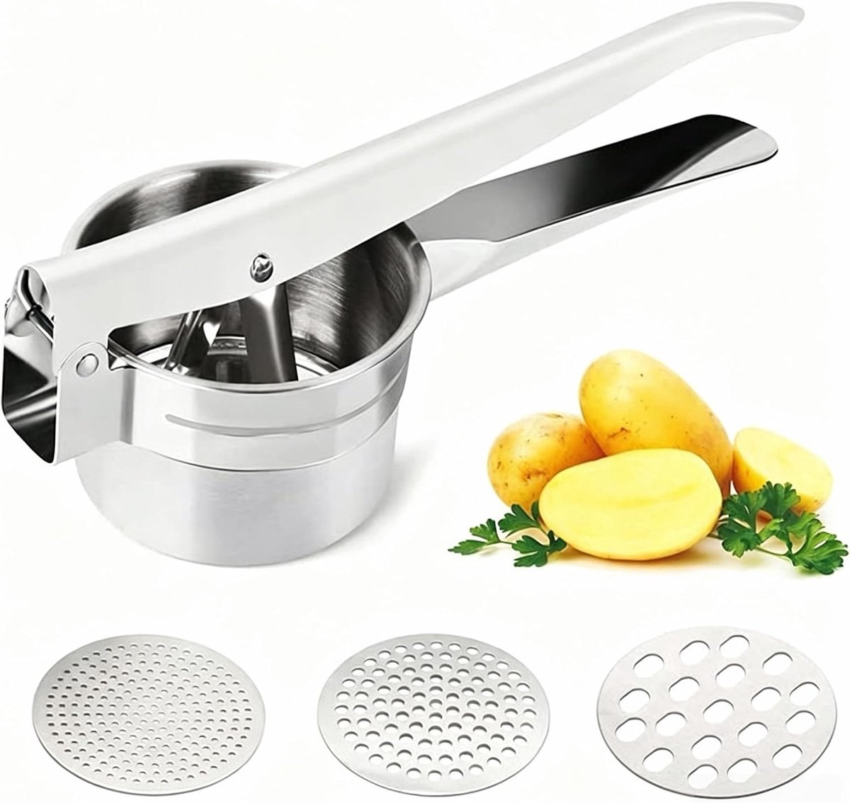 Aardappelpers van roestvrij staal met 3 verwisselbare schijven, professionele aardappelpers voor puree, zonder klonters, handmatige pasmachine en fruitpers voor groenten en fruit