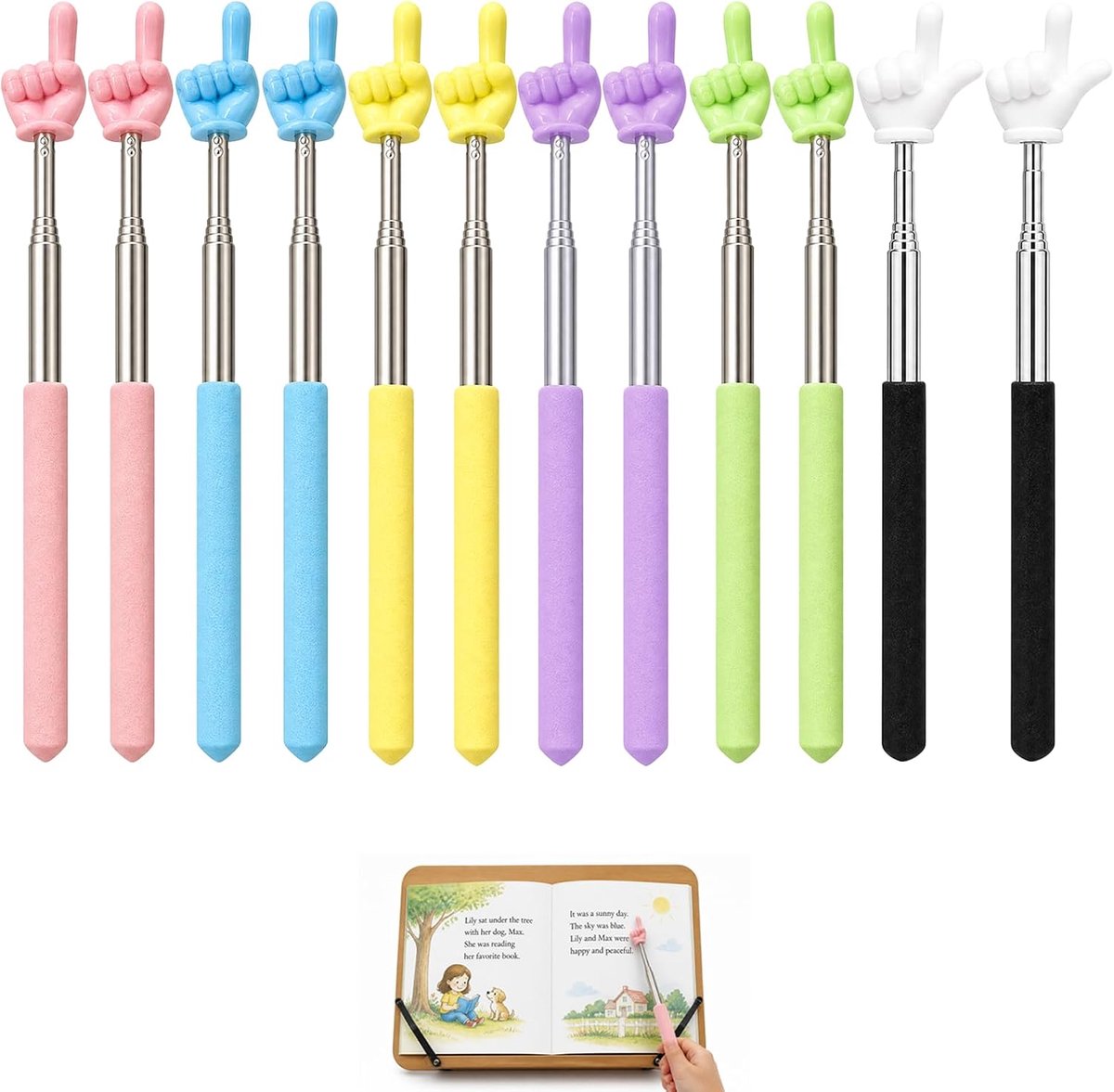 Image of 12 stuks uitschuifbare aanwijsstok met vingerpunt, telescopische leraren pointer 21-69 cm in 6 kleuren voor klaslokaal, whiteboard, presentaties en training