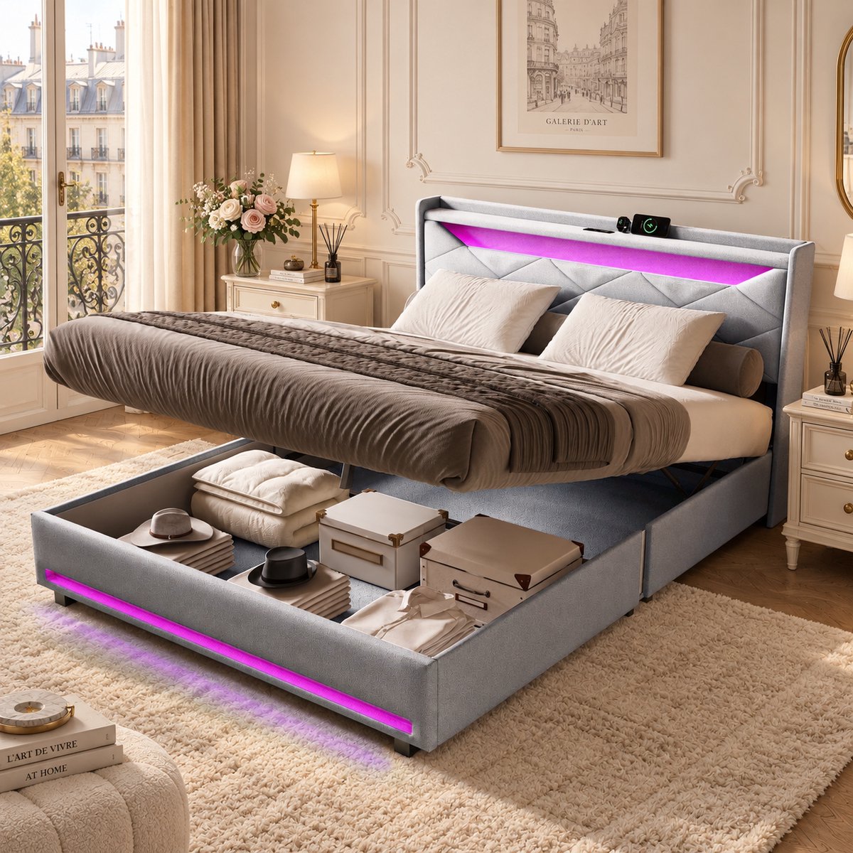 MEXUS Opbergbed 160x200 cm met ledverlichting en USB-poorten, Tweepersoonsbed gestoffeerd 160x200 met hydraulische opbergruimte en lattenbodem, bedframe voor tieners en volwassenen, linnen Grijs