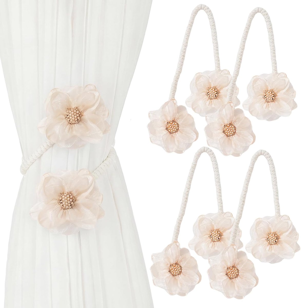 Set van 4 beige bloemengordijnhouders, gespgordijnhouders, verstelbare gordijnhouders, boho-kamerdecoratie