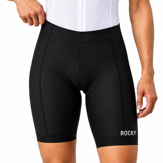 Zwarte fietsbroek voor dames van Rocky met een zeem en logo op de onderzoom.