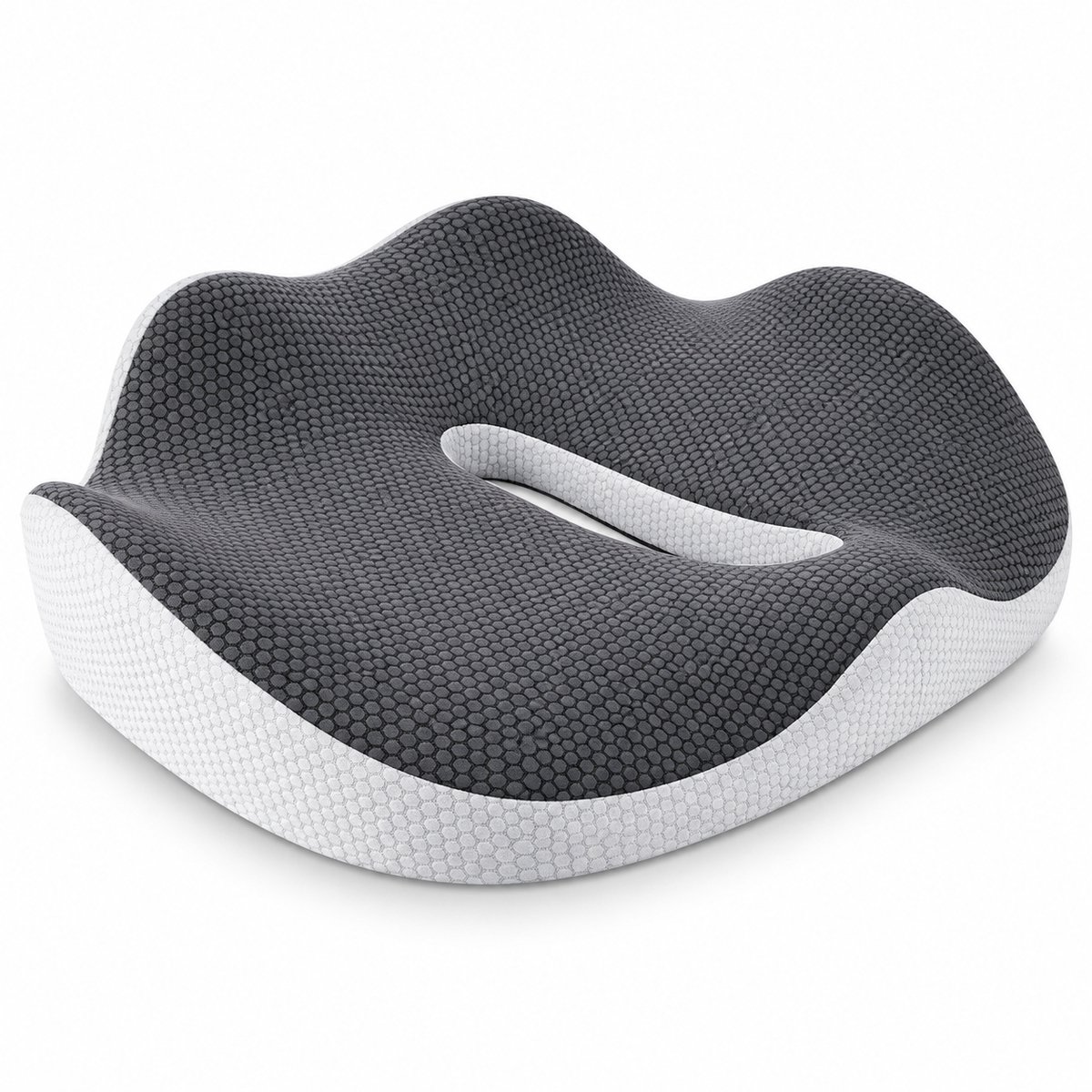 Ergonomisch Zitkussen met Traagschuim – Stoelkussen met Uitsparing – Voor Bureaustoel, Auto & Eetkamerstoel – 44 x 38 x 10 cm – Grijs/Wit