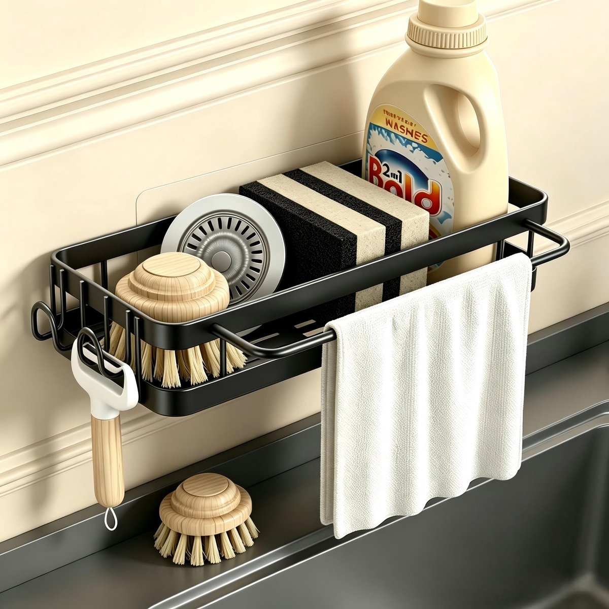 Famanu – Keuken spoelbak organizer hangende, keukensponshouder, gootsteenorganizer met spoeldoekhouder en twee haken, metalen keukenorganizer, badkamer, zonder boren (zwart)