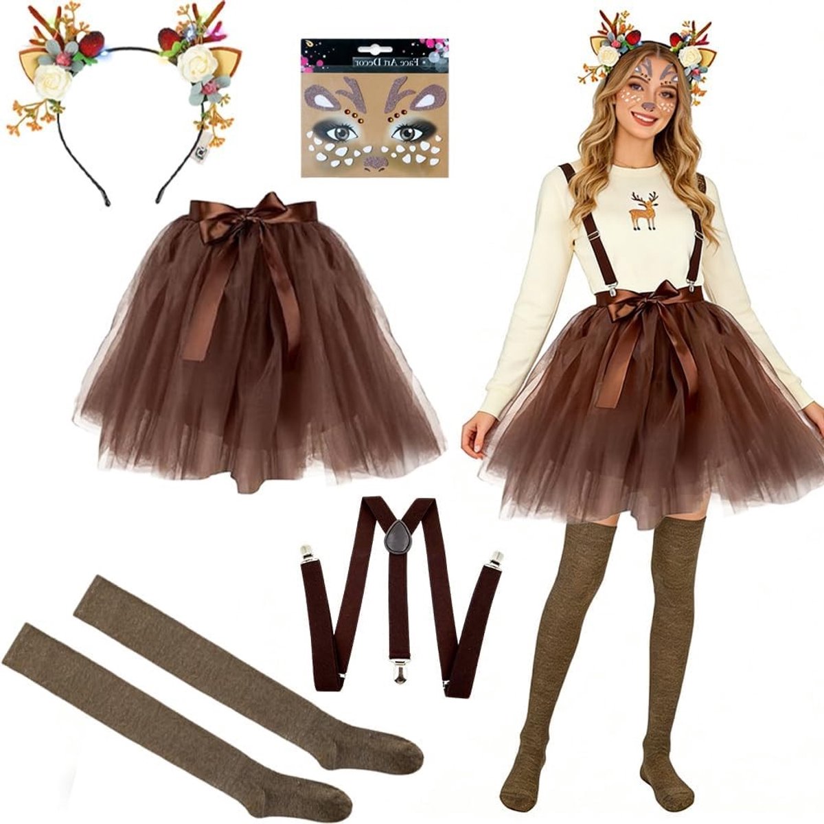 Dames Kostuum met Rendier Hoofdband, Gegraveerde Tatoeage en Tutu voor Kerst, Halloween en Carnaval