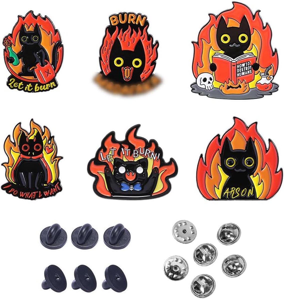 6-delige kat emaille broche set, leuke brandende zwarte kat broche, grappige badges, geschikt als accessoires voor rugzakken, kleding en hoeden